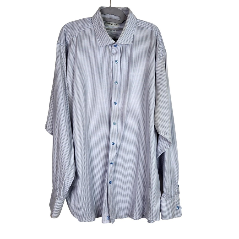 TWILLORY Dress Shirt Mens 18 36/37 Blue Houndstooth Non Iron Stretch Classic Fit